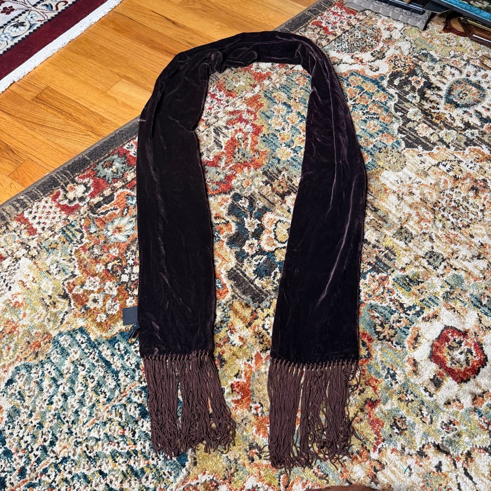 Whimsigoth fringed silk velvet brown scarf